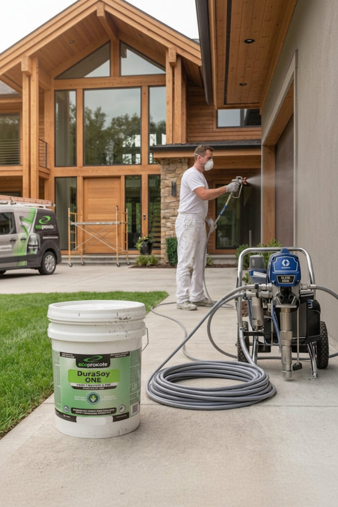 Spray painting DuraSoy One on an exterior residential home